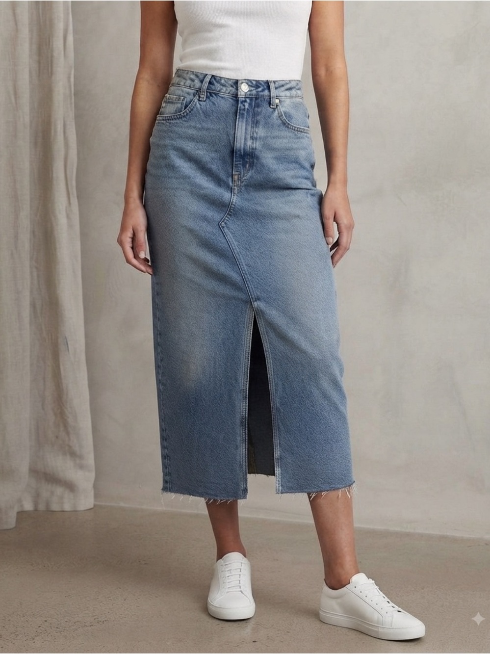 Cotton On Light Blue Denim Maxi Skirt Contrast Stitching Slits & Distressed Hem